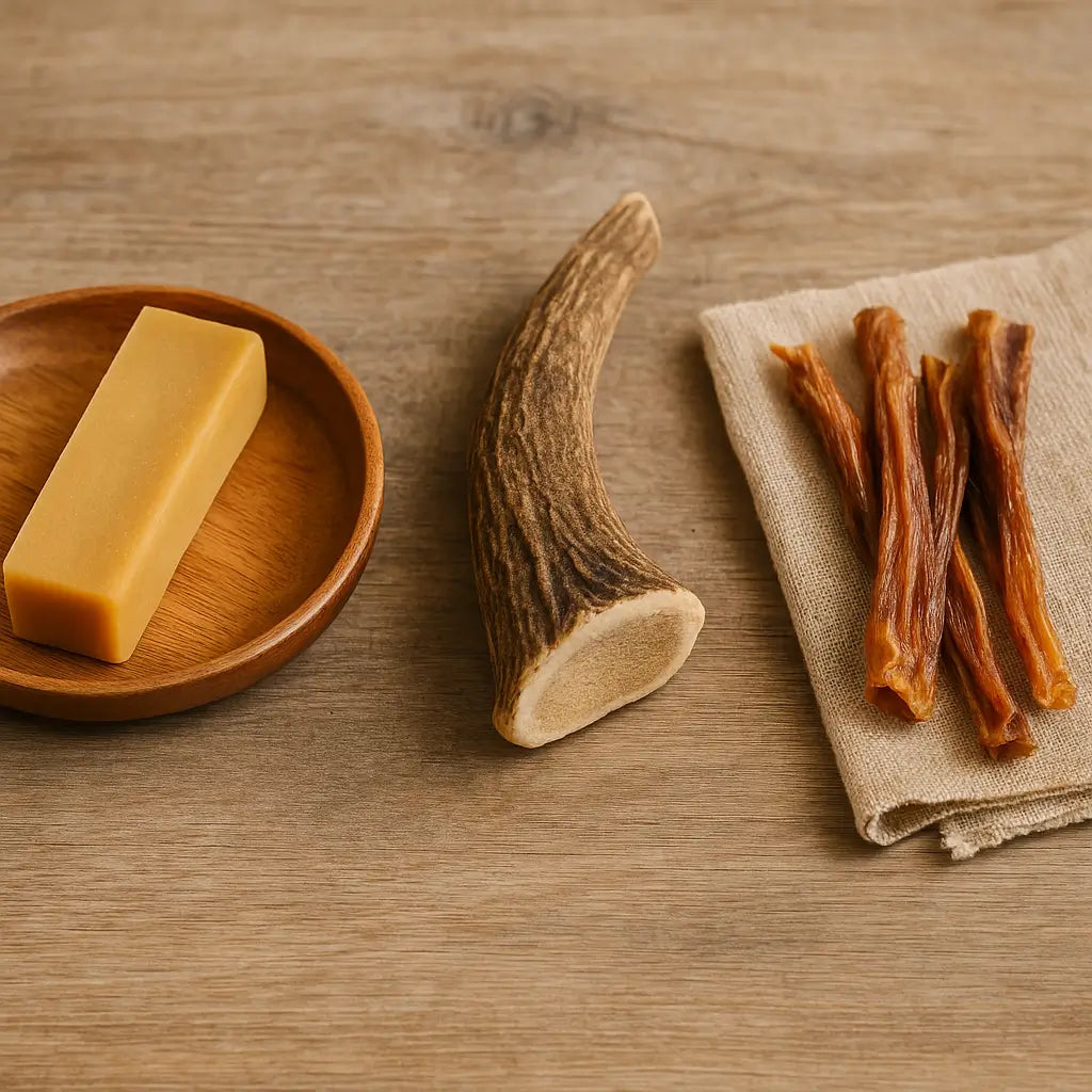 Tu hésites entre le fromage de yak, le bois de cerf ou les peaux séchées ? On compare pour toi les meilleures friandises naturelles selon ton chien.