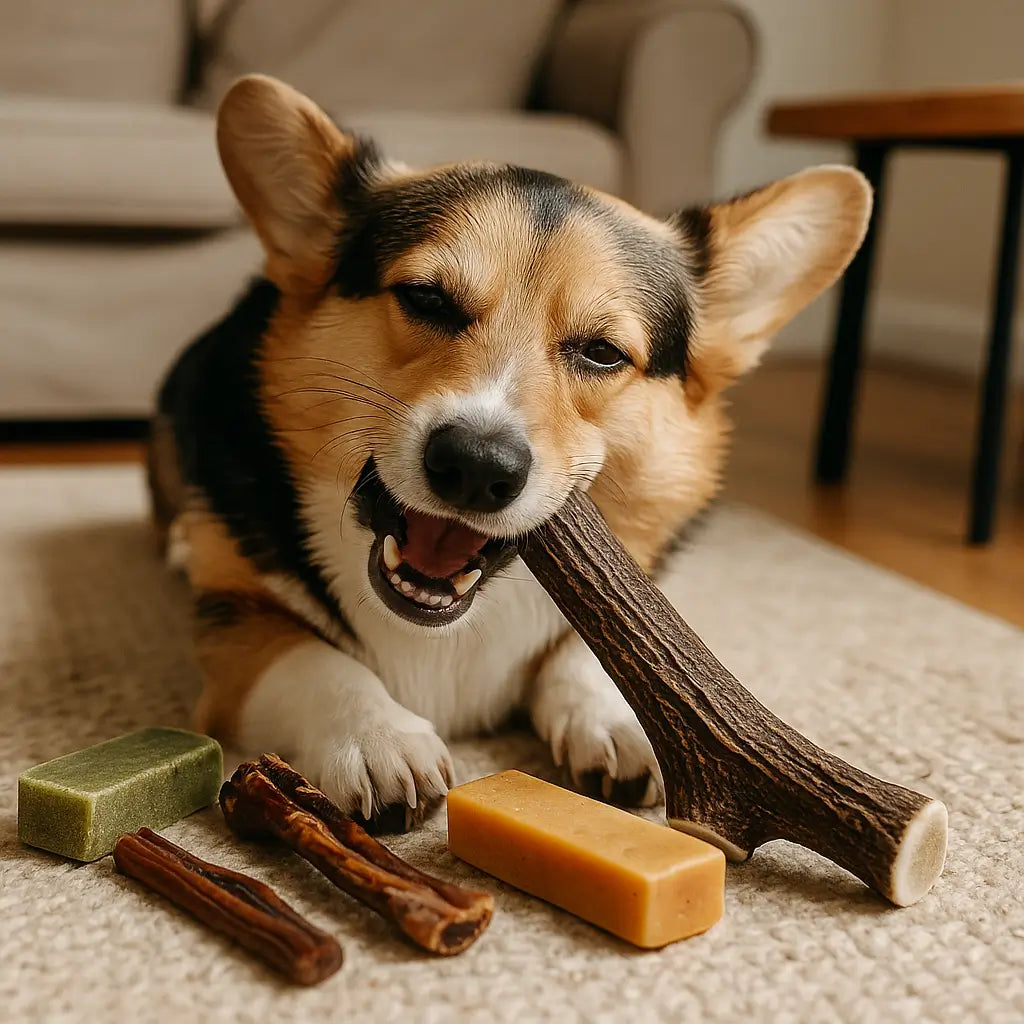 Chien heureux allongé parmi des friandises naturelles à mâcher — bois de cerf, fromage de yak, tendons et brosse à dent
