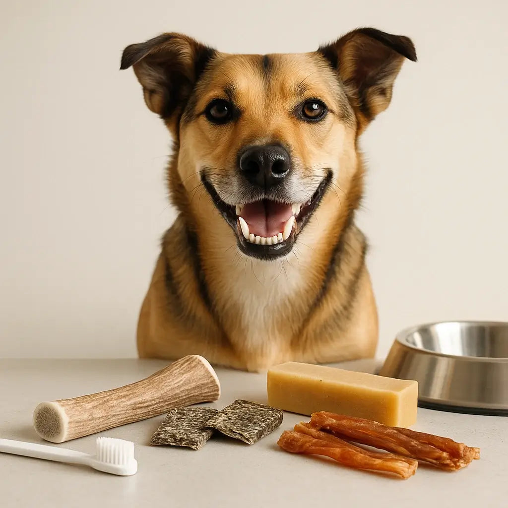 Chien heureux au sourire naturel avec brosse à dents, bois de cerf et friandises naturelles Cernunos