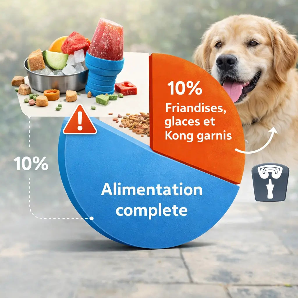 Un mini guide pour éviter les excès : règle des 10%, portions repères selon le poids, fréquence des glaces et du Kong, et les erreurs qui font grossir ou dérangent la digestion.