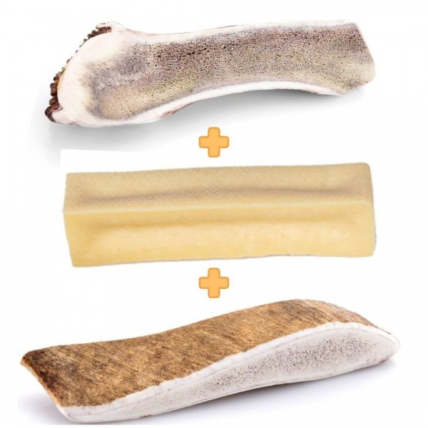 Pack mastication pour chien débutant ( 1 bois de cerf tranché + 1 fromage + 1 bois de daim)