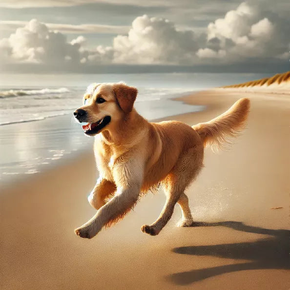 Chien heureux courant librement sur une plage déserte hors saison