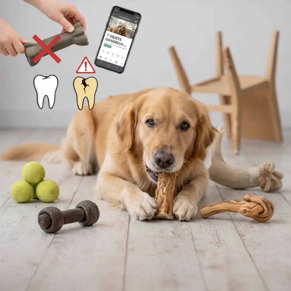 Un Golden Retriever mâchant une racine naturelle, entouré de pictogrammes illustrant les risques de fractures dentaires liés aux objets trop durs.
