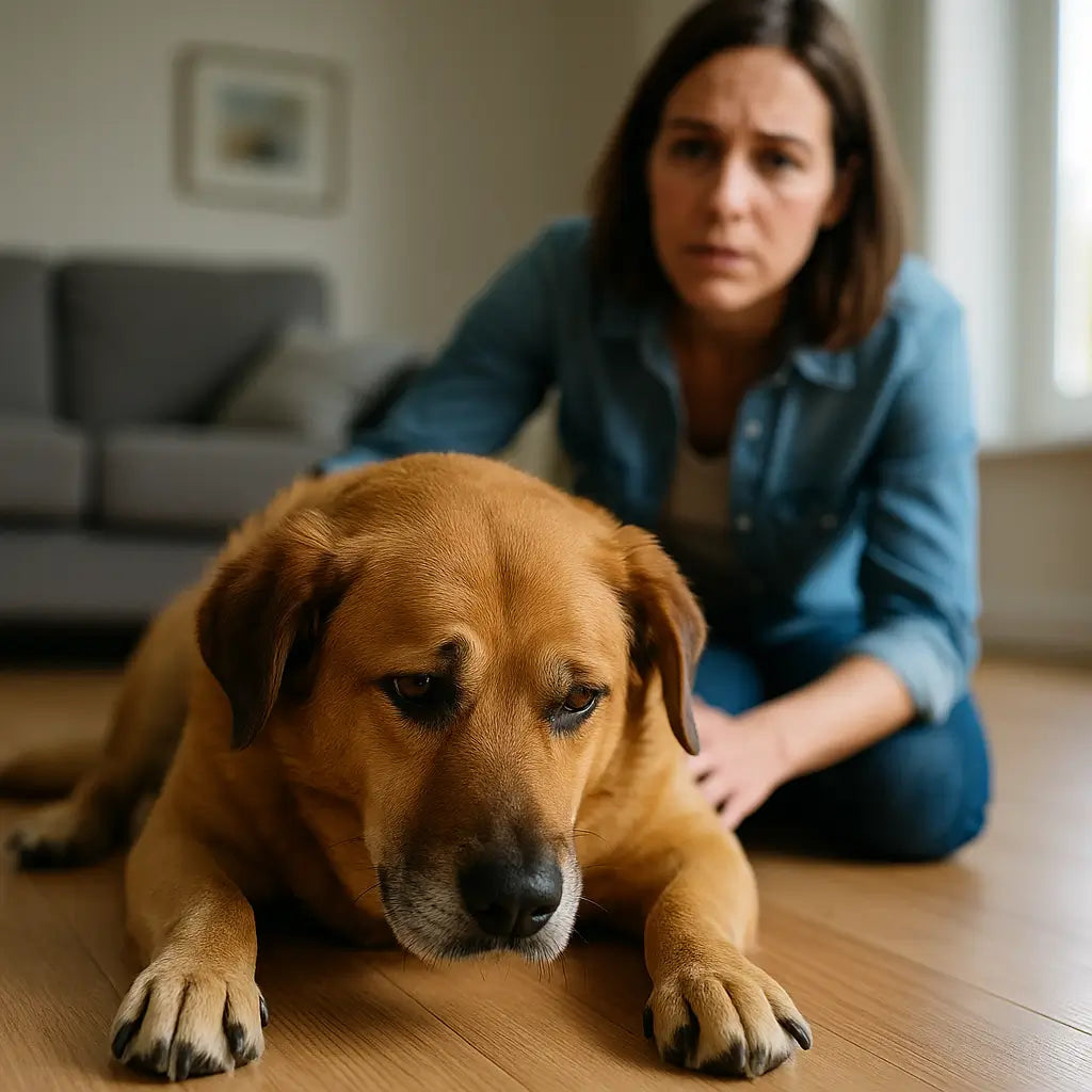 Chien malade allongé au sol avec une femme inquiète à ses côtés dans un salon lumineux
