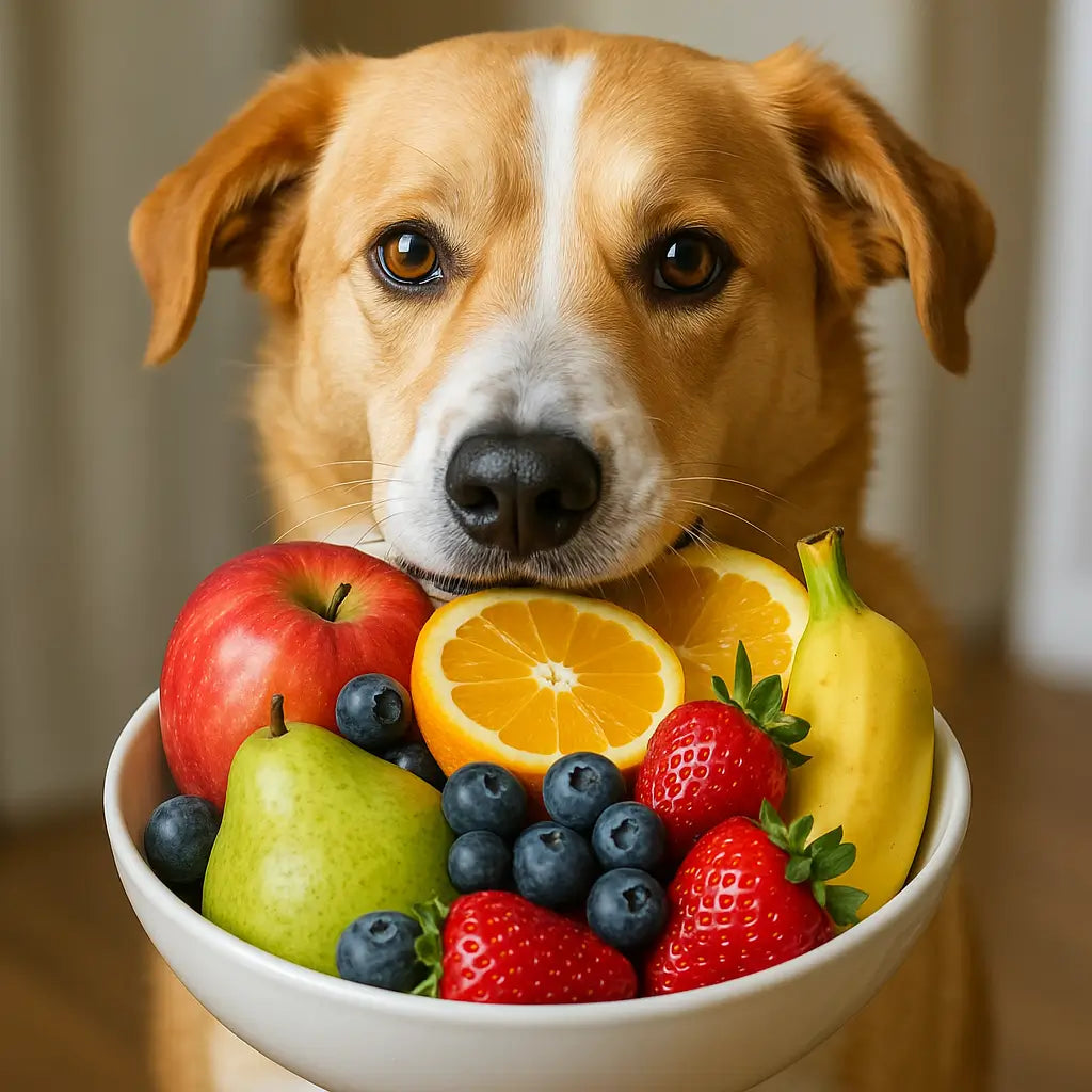 chien qui tient une coupelle de fruit