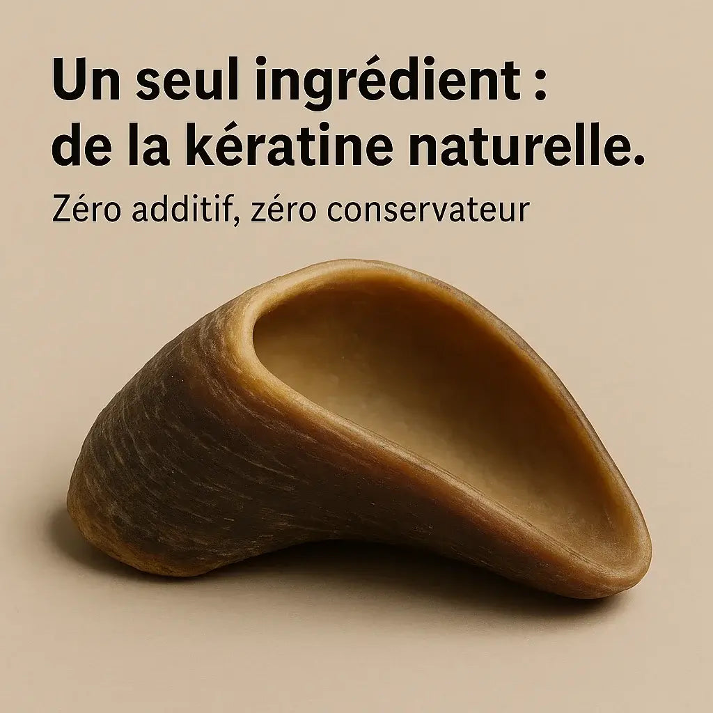 Le sabot de veau est une friandise naturelle, brute, sans transformation. Il est composé à 100 % de&nbsp;kératine, une protéine rigide qu’on retrouve dans les ongles, les cornes ou les sabots