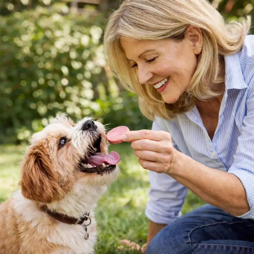 femme qui donne un morceau de saucisson a son chien